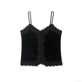 Women's Sexy Velvet Cami Tank Top French Style Lace Patchwork Backless V Neck Slim Fit Sleeveless Top With Decorative Buttons For Party Night Out