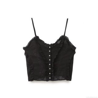 Women's Sexy Floral Embroidery Cotton Blend Camisole Top With Ruffle Trim Single Breasted Adjustable Straps Summer Sleeveless Slim Fit Top For Women