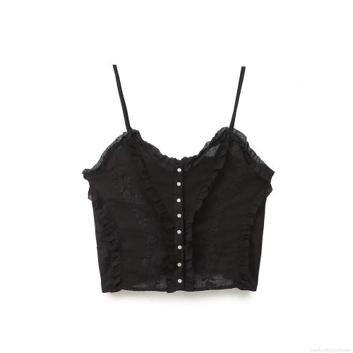 Women's Sexy Floral Embroidery Cotton Blend Camisole Top With Ruffle Trim Single Breasted Adjustable Straps Summer Sleeveless Slim Fit Top For Women