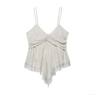 Women's Sexy Lace Patchwork Camisole Top Silk Satin V-Neck Gathered Slim Fit Asymmetrical Hem Adjustable Spaghetti Strap Tank Top For Summer Party Club