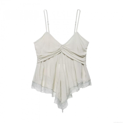 Women's Sexy Lace Patchwork Camisole Top Silk Satin V-Neck Gathered Slim Fit Asymmetrical Hem Adjustable Spaghetti Strap Tank Top For Summer Party Club