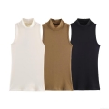 Women Mock Neck Sleeveless Knitted Tank Top Slim Fit Solid Color Ribbed Vest Top Summer Versatile Basic Sleeveless Shirt For Daily Casual Wear