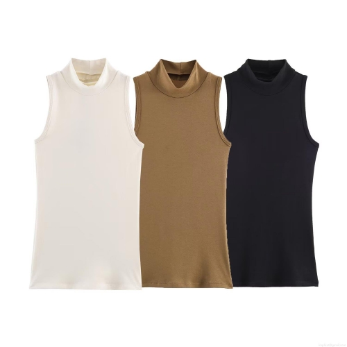 Women Mock Neck Sleeveless Knitted Tank Top Slim Fit Solid Color Ribbed Vest Top Summer Versatile Basic Sleeveless Shirt For Daily Casual Wear