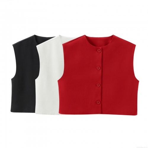 Women's Minimalist Round Neck Button-Down Vest Summer Slim Fit Sleeveless Crop Top Polyester Blend Casual Tank Top For Office Daily Wear Multi Colors
