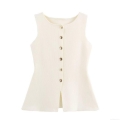 Women's Sleeveless Knit Vest Round Neck Single Breasted Button Down Tank Top Elegant Commuter Style Casual Summer Knitwear Solid Color Waistcoat For Women