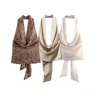 Women's Sexy Backless Halter Top Satin Silk-like Polyester Leopard Print Gradient Sleeveless Camisole With Large Bow Tie Chic Party Clubwear For Women Women's Sexy Backless Halter Top Satin Silk-like Polyester Leopard Print Gradient Sleeveless Camisole With Large Bow Tie Chic Party Clubwear For Women