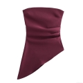 Women's Sexy Strapless Tube Top Asymmetric Ruched Hem Slim Fit Backless Satin Fabric Blouse For Party Dating Nightclub Elegant Solid Color Camisole