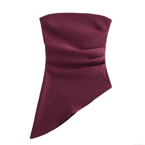 Women's Sexy Strapless Tube Top Asymmetric Ruched Hem Slim Fit Backless Satin Fabric Blouse For Party Dating Nightclub Elegant Solid Color Camisole