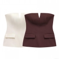 Women Sexy Strapless Tube Top V-Neck Slim Fit Bandeau Top With Decorative Pockets Side Zipper Polyester Suit Fabric Sleeveless Vest For Party Clubwear