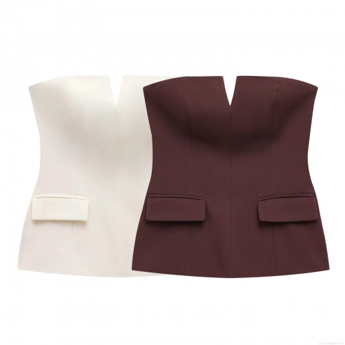 Women Sexy Strapless Tube Top V-Neck Slim Fit Bandeau Top With Decorative Pockets Side Zipper Polyester Suit Fabric Sleeveless Vest For Party Clubwear Women Sexy Strapless Tube Top V-Neck Slim Fit Bandeau Top With Decorative Pockets Side Zipper Polyester Suit Fabric Sleeveless Vest For Party Clubwear