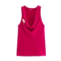 Women's Sleeveless Cowl Neck Top Elegant Satin Finish Polyester Spandex Blouse With Gold Cicada Pin Magenta Solid Color Casual Office Wear Ladies Shirt