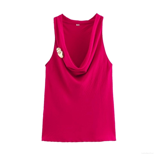 Women's Sleeveless Cowl Neck Top Elegant Satin Finish Polyester Spandex Blouse With Gold Cicada Pin Magenta Solid Color Casual Office Wear Ladies Shirt