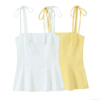 Women's Sexy Backless Camisole Top Summer Adjustable Bow Tie Straps Square Neck Gingham Solid Color Slim Fit Polyester Spandex Sleeveless Crop Top For Holiday Casual Dating