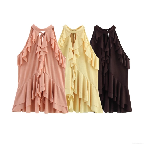 Women Halter Neck Top Elegant Layered Ruffles Sleeveless Chiffon Blouse For Summer Casual Party Vacation Fashion Commuter Solid Color Tie Back Tank Top Women Halter Neck Top Elegant Layered Ruffles Sleeveless Chiffon Blouse For Summer Casual Party Vacation Fashion Commuter Solid Color Tie Back Tank Top