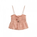 Women Summer Sexy Ruched Camisole Crop Top Sleeveless Ruffle Hem Tie Front With Bead Decor Spandex Polyester Slim Fit Tank Top For Party Casual