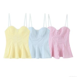Women Summer Sexy Camisole Top Striped Bow Knot Lace Trim Peplum Hem Slim Fit Sleeveless Tank Top For Dating Vacation Party Sweet Style