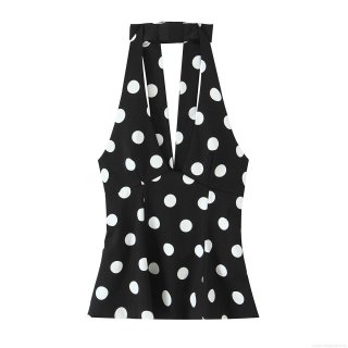 Women's Sexy Polka Dot Halter Top Backless Deep V Neck Peplum Sleeveless Shirt Summer Party Vacation Polyester Spandex Top Retro Pin-up Style Clothing Black White Dots