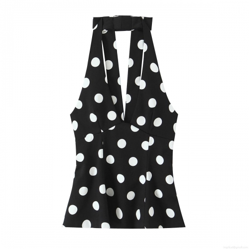 Women's Sexy Polka Dot Halter Top Backless Deep V Neck Peplum Sleeveless Shirt Summer Party Vacation Polyester Spandex Top Retro Pin-up Style Clothing Black White Dots