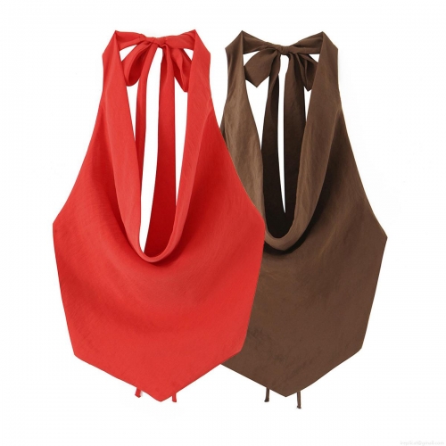 Women Sexy Halter Neck Backless Top Polyester Spandex Pleated Drapey Camisole With Tie-up Bow Summer Fashion Solid Red Brown Party Vacation Dating Slim Fit Spicy Girl Style