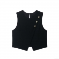 Women's Chic Sleeveless Vest Top With Golden Buttons Round Neck Solid Color Polyester Short Waistcoat For Office Lady Elegant Summer Apparel