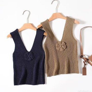 Women's V-Neck Knitted Tank Top With 3D Crochet Rose Flowers Sleeveless Acrylic Nylon Ribbed Knit Vest Summer Casual Sweet Camisole For Women Women's V-Neck Knitted Tank Top With 3D Crochet Rose Flowers Sleeveless Acrylic Nylon Ribbed Knit Vest Summer Casual Sweet Camisole For Women