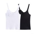 Women's Ribbed Knit Camisole With 3D Rose Flower Shoulder Strap Sexy Slim Fit Cropped Tank Top Spicy Girl Style Solid Color Sleeveless Top