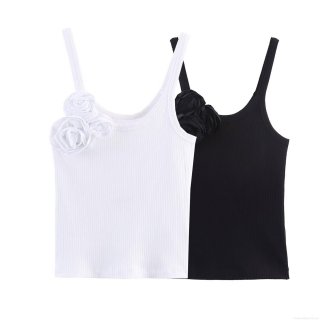 Women's Ribbed Knit Camisole With 3D Rose Flower Shoulder Strap Sexy Slim Fit Cropped Tank Top Spicy Girl Style Solid Color Sleeveless Top
