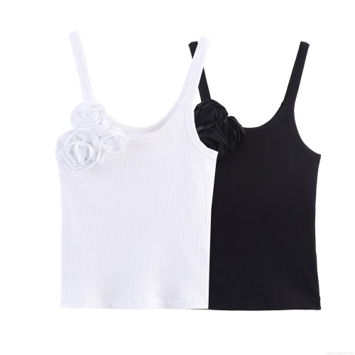 Women's Ribbed Knit Camisole With 3D Rose Flower Shoulder Strap Sexy Slim Fit Cropped Tank Top Spicy Girl Style Solid Color Sleeveless Top