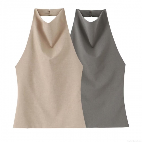 Sexy Women Halter Neck Backless Top Elegant Cotton Linen Blend Sleeveless Slim Fit Solid Color Vest For Party Date Night Summer Fashionable Minimalist Camisole