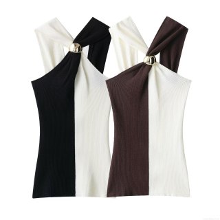 Women Sexy Color Block Halter Neck Knitted Tank Top With Metal Ring Criss Cross Ribbed Slim Fit Sleeveless Summer Crop Top Fashion Vest