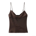 Elegant Cowl Neck Satin Camisole Top For Women Sexy Dark Brown Spaghetti Strap Silk Feel Waisted Sling Top For Party Dating Daily Chic Summer Autumn