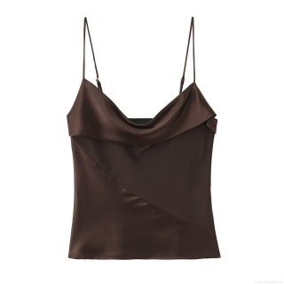 Elegant Cowl Neck Satin Camisole Top For Women Sexy Dark Brown Spaghetti Strap Silk Feel Waisted Sling Top For Party Dating Daily Chic Summer Autumn