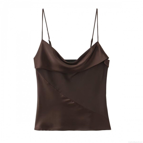 Elegant Cowl Neck Satin Camisole Top For Women Sexy Dark Brown Spaghetti Strap Silk Feel Waisted Sling Top For Party Dating Daily Chic Summer Autumn