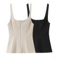 Women's Sexy Slim Fit Peplum Hem Tank Top Square Neck Back Zipper Sleeveless Vest Chic Solid Color Polyester Spandex Top For Party Date Women Clothing