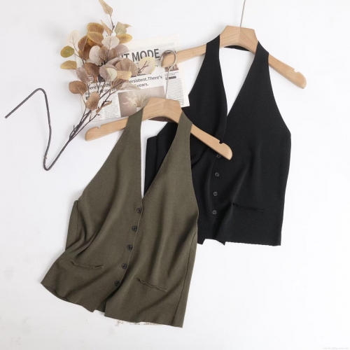 Women's Sexy Halter Neck Knit Vest V-Neck Button Down Ribbed Sleeveless Top Solid Color Viscose Nylon Blend Camisole For Summer Casual Party Dating Daily Wear Women's Sexy Halter Neck Knit Vest V-Neck Button Down Ribbed Sleeveless Top Solid Color Viscose Nylon Blend Camisole For Summer Casual Party Dating Daily Wear