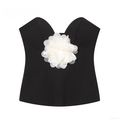 Women's Sexy Black Bandeau Top With Large 3D White Mesh Flower Slim Fit Strapless Polyester Party Clubwear Top For Ladies