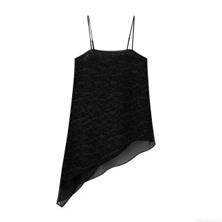 Women Sexy Black Lace Camisole Top With Irregular Chiffon Hem Sleeveless Spaghetti Strap Asymmetric Longline Top For Party Dating Streetwear Women Sexy Black Lace Camisole Top With Irregular Chiffon Hem Sleeveless Spaghetti Strap Asymmetric Longline Top For Party Dating Streetwear