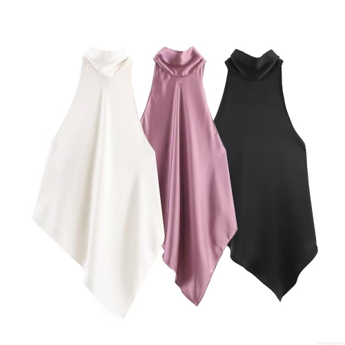 Women's Sexy Halter Neck Satin Top Backless Asymmetric Hem Sleeveless Blouse For Party Elegant Solid Color Silk-Like Camisole Socialite Style Clubwear Women's Sexy Halter Neck Satin Top Backless Asymmetric Hem Sleeveless Blouse For Party Elegant Solid Color Silk-Like Camisole Socialite Style Clubwear