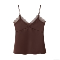 Women's Lace Trim Satin Cami Top Sexy V-Neck Spaghetti Strap Silk-Like Sleeveless Tank Top Elegant Chic Slim Fit Camisole