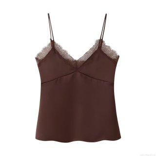 Women's Lace Trim Satin Cami Top Sexy V-Neck Spaghetti Strap Silk-Like Sleeveless Tank Top Elegant Chic Slim Fit Camisole