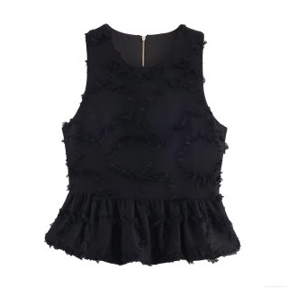 Women Fashion Sleeveless Peplum Top Round Neck Raw Edge Fringe Polyester Spandex Tank Top With Back Gold Zipper Casual Autumn Clothing