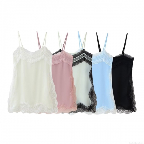 Women's Sexy Lace Patchwork Satin Cami Top V Neck Spaghetti Strap Sleeveless Tank Top For Party Clubwear Elegant Silk Like Undershirt