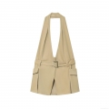 Women's Halter Neck Cargo Top With Belt Khaki Cotton Blend Slim Fit Sleeveless Vest For Streetwear Casual Autumn Party Ladies