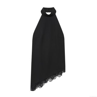 Sexy Black Halter Backless Top For Women Polyester Spandex Lace Patchwork Asymmetric Hem Tank Top Party Clubwear Sleeveless Blouse