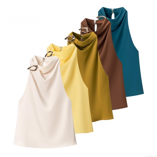 Women's Halter Neck Sleeveless Top Elegant Satin Blouse with Gold Metal Ring Accessory Solid Color Backless Keyhole Shirt for Party Clubwear Fashion Women's Halter Neck Sleeveless Top Elegant Satin Blouse with Gold Metal Ring Accessory Solid Color Backless Keyhole Shirt for Party Clubwear Fashion