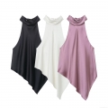 Sexy Halter Backless Satin Top Women Sleeveless Irregular Hem Blouse For Party Elegant Solid Color Neck Tie Silk-Like Camisole Fashion