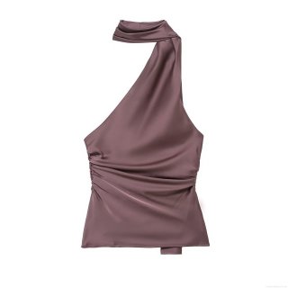Women's Sexy Satin Halter Top Ruched Sleeveless One Shoulder Camisole Elegant Party Backless Slim Fit Polyester Blouse Vest