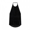 Sexy Women Black Velvet Halter Neck Backless Top Ruffle Hem Sleeveless Velveteen Cami Tank Top For Party Club Evening Fashion Slim Fit Top