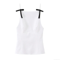 Women's Sexy Hot Girl Style Camisole Top White With Black Bow Ribbons Slim Fit Polyester Spandex Square Neck Back Zipper Tank Top For Party Dating Summer Wear