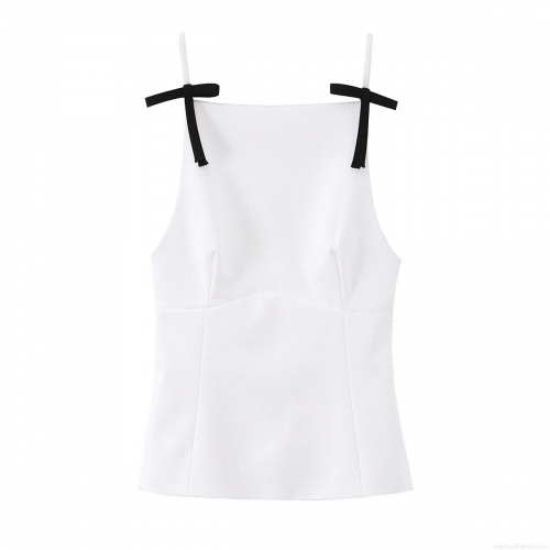 Women's Sexy Hot Girl Style Camisole Top White With Black Bow Ribbons Slim Fit Polyester Spandex Square Neck Back Zipper Tank Top For Party Dating Summer Wear